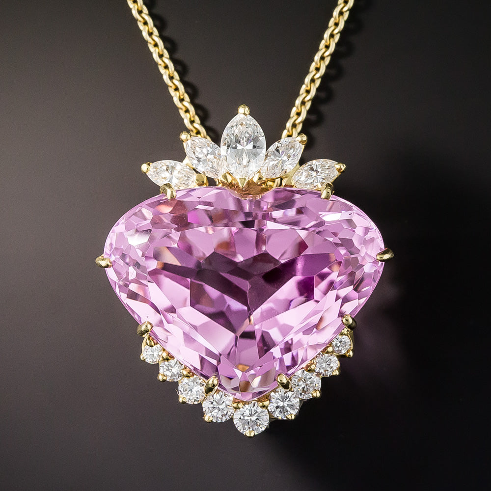 Fine 62.27 Carat Heart Shape Kunzite and Diamond Pendant - 1