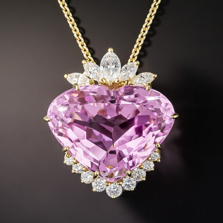 Fine 62.27 Carat Heart-Shaped Kunzite and Diamond Pendant