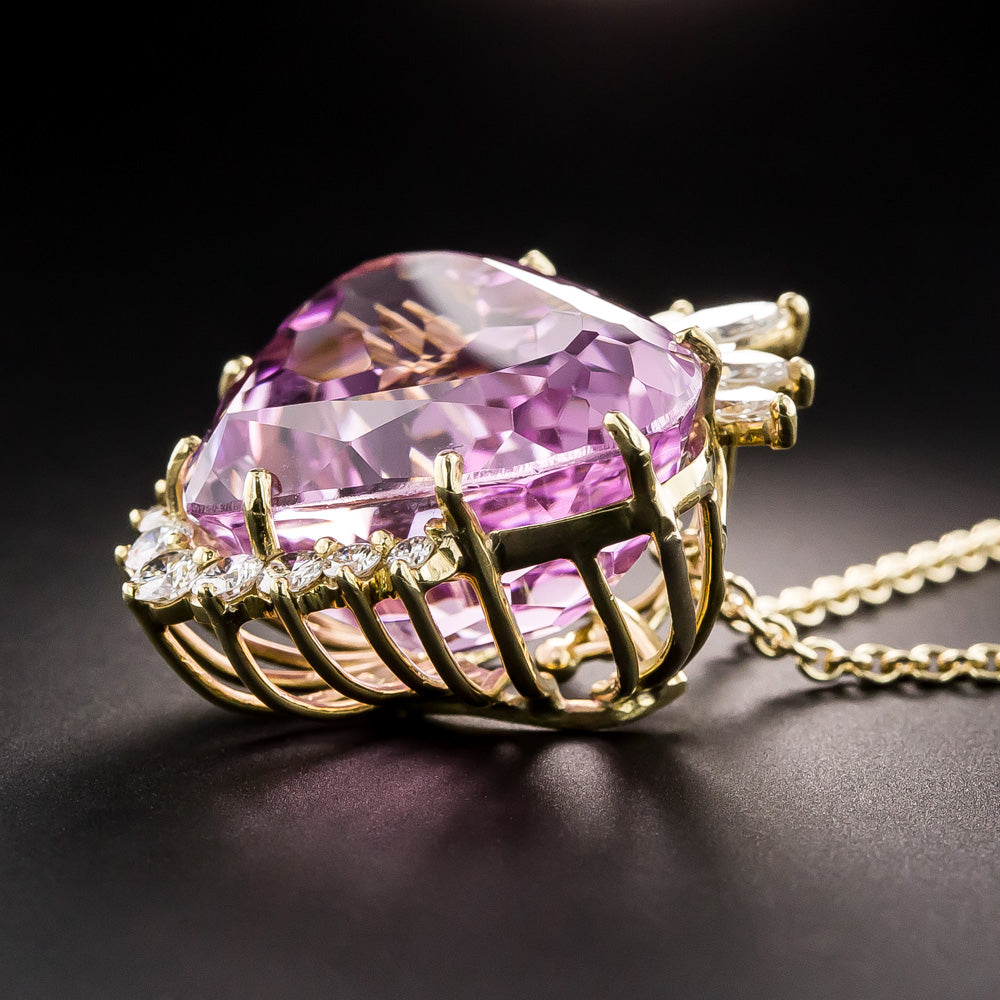 Fine 62.27 Carat Heart Shape Kunzite and Diamond Pendant - 2