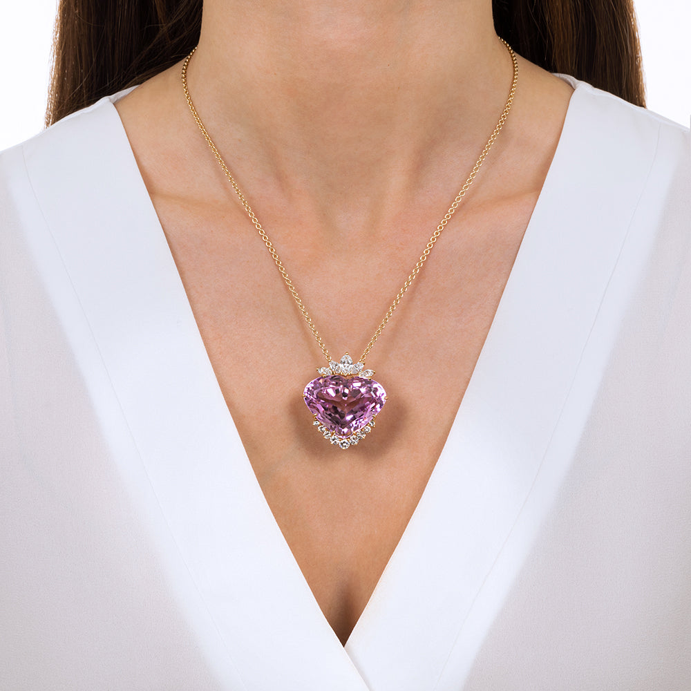 Fine 62.27 Carat Heart Shape Kunzite and Diamond Pendant - 3