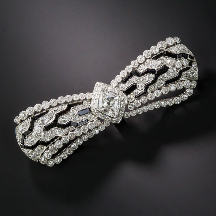 Fine Art Deco Diamond Onyx Bow Brooch