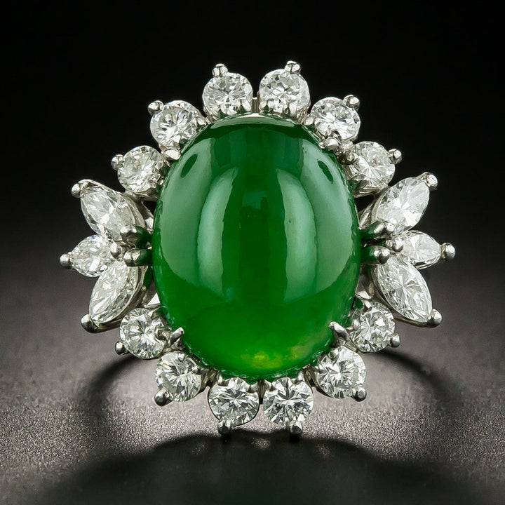 Fine Estate Natural Burmese Jade and Diamond Ring - GIA