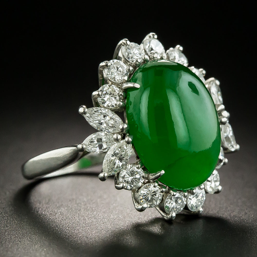 Fine Estate Natural Burmese Jade and Diamond Ring - GIA  - 2