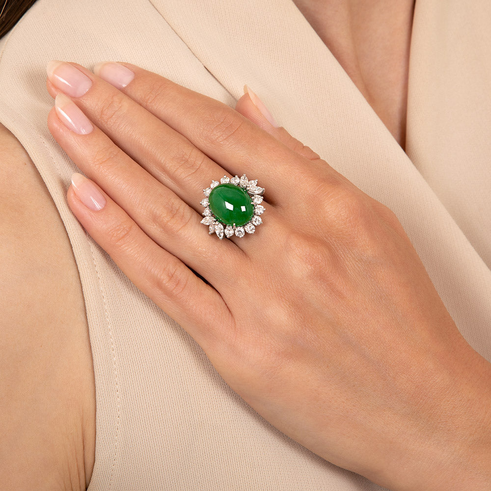 Fine Estate Natural Burmese Jade and Diamond Ring - GIA  - 7