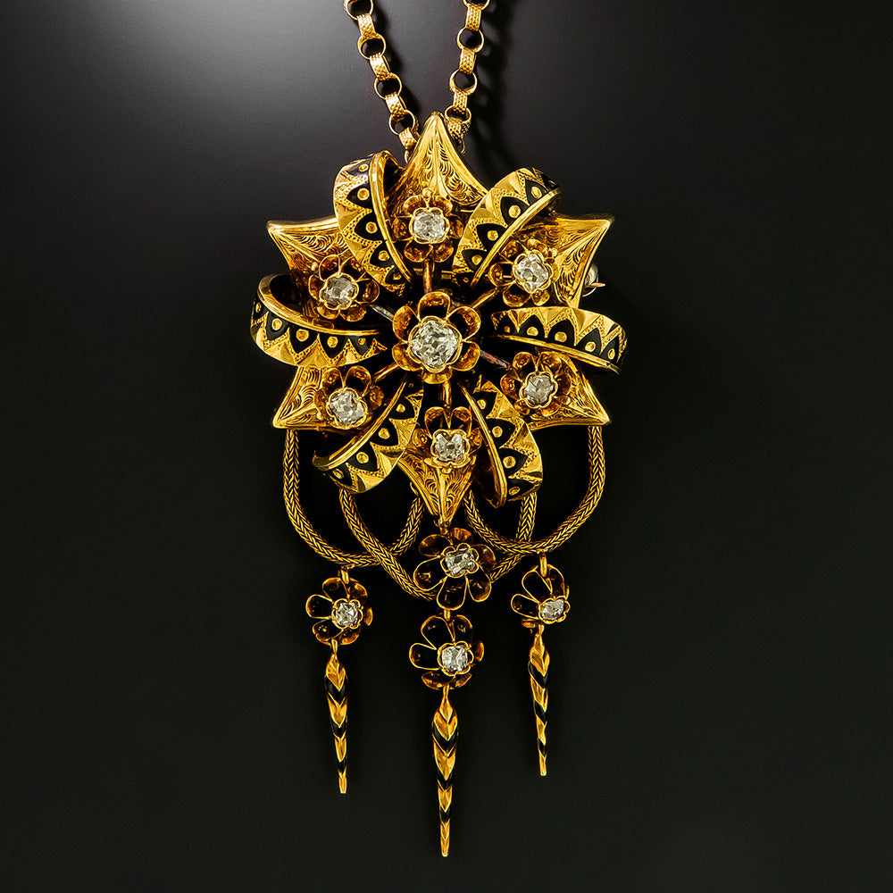 French 18K Antique Diamond and Enamel Tassel Brooch/Necklace - 2