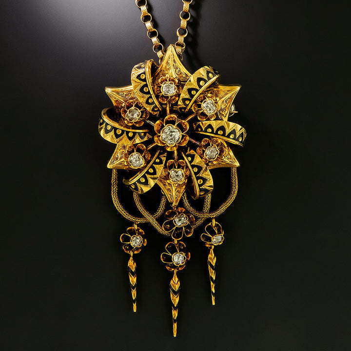 French 18K Antique Diamond and Enamel Tassel Brooch/Necklace