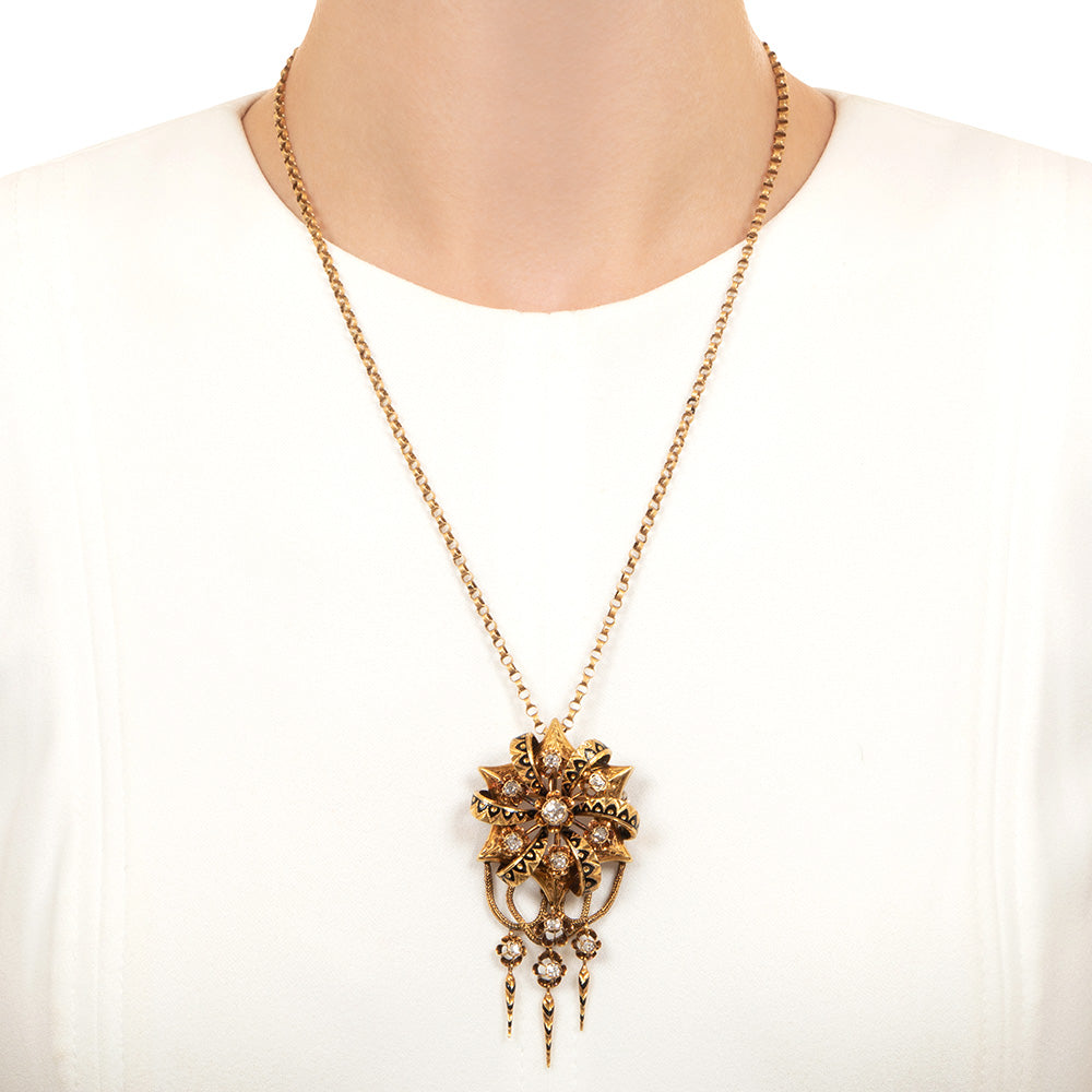 French 18K Antique Diamond and Enamel Tassel Brooch/Necklace - 4