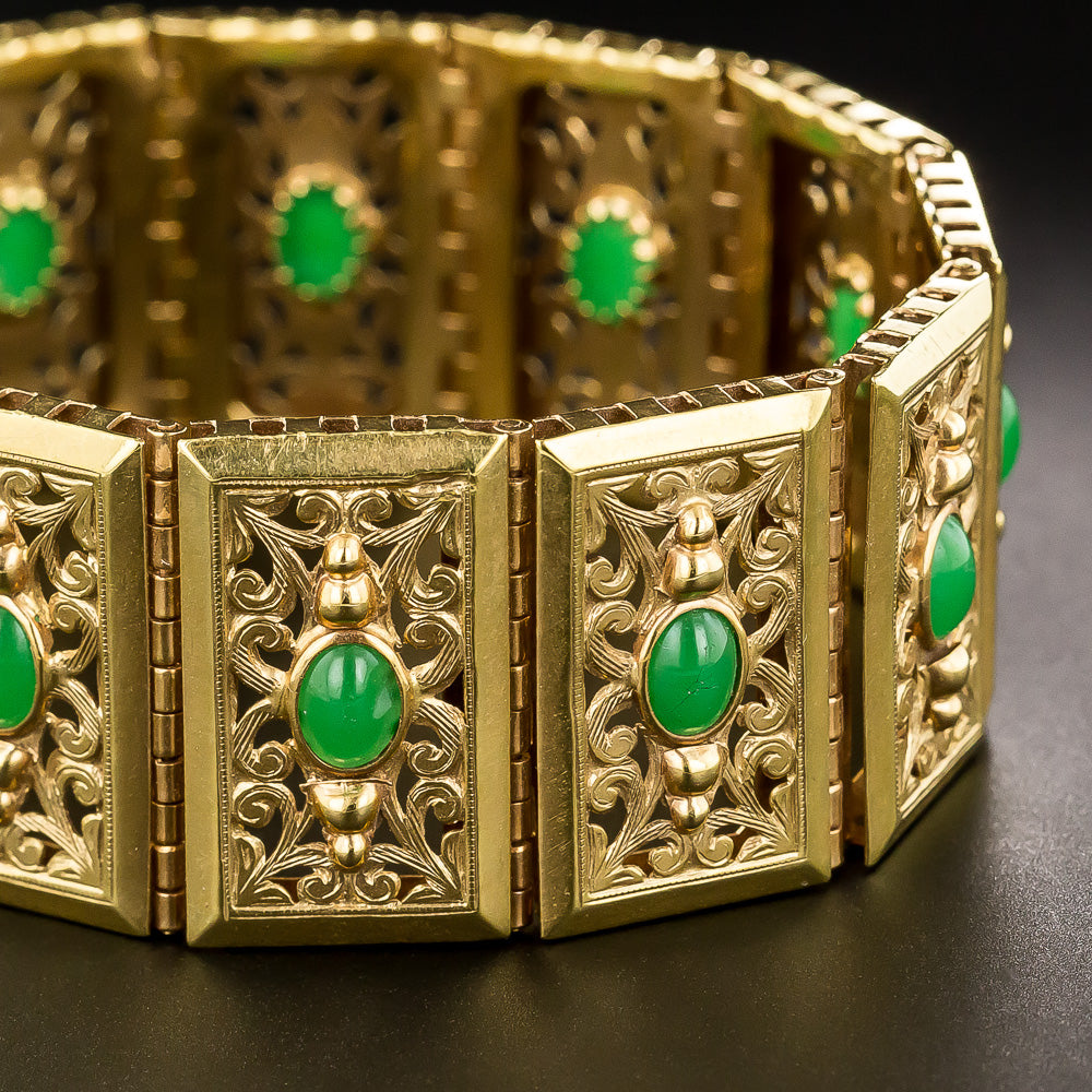 French 18K Bracelet with Jade-Green Glass, Circa 1900 - 2