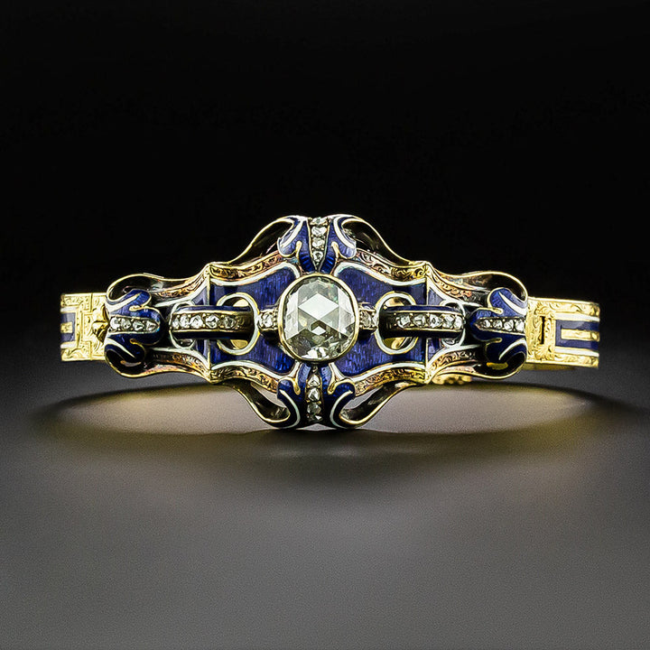 French 2.40 Carat Rose-Cut Diamond and Enamel Bangle Bracelet