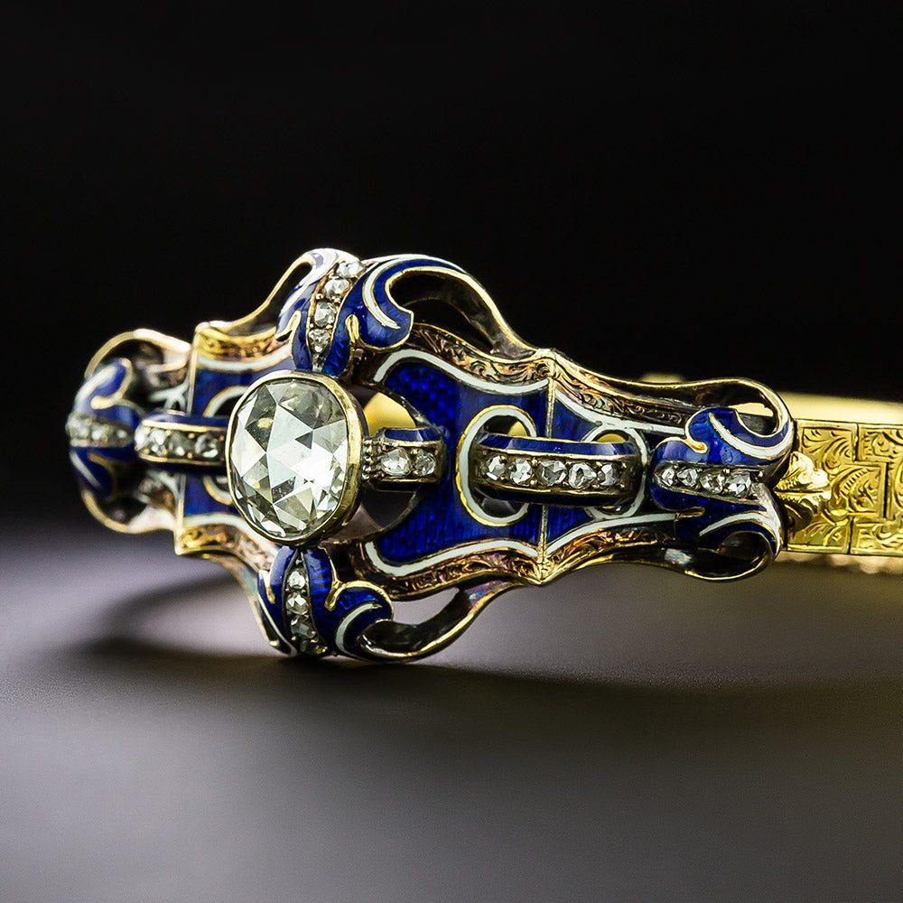 French 2.40 Carat Rose-Cut Diamond and Enamel Bangle Bracelet - 4