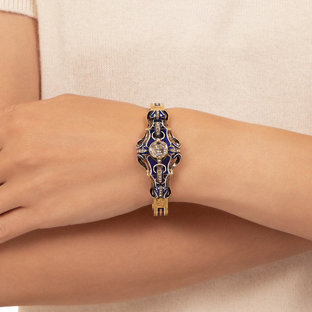 French 2.40 Carat Rose-Cut Diamond and Enamel Bangle Bracelet - 5