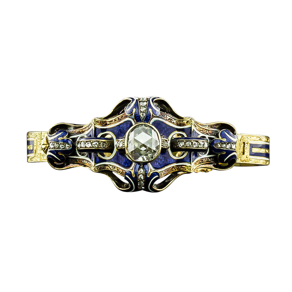 French 2.40 Carat Rose-Cut Diamond and Enamel Bangle Bracelet - 5