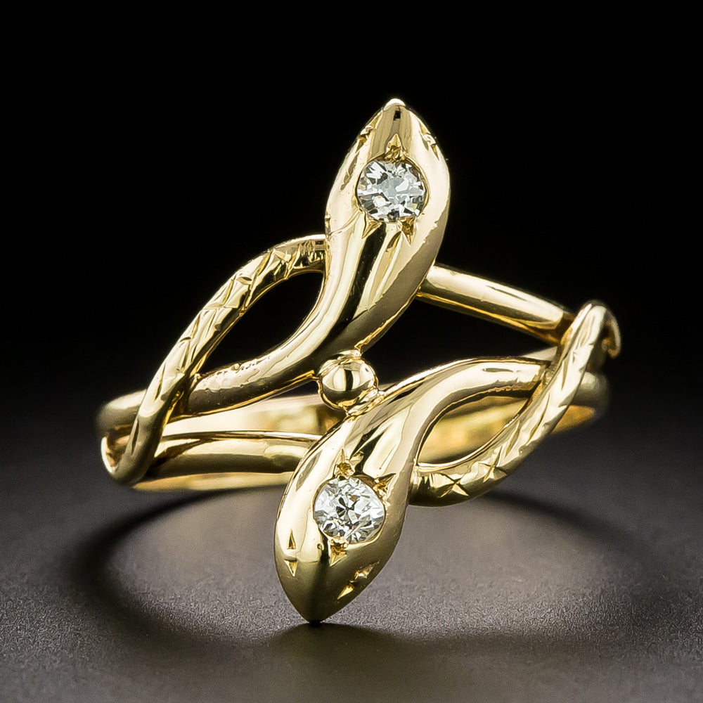 French Antique 18K Double Diamond-Headed Snake Ring - 3