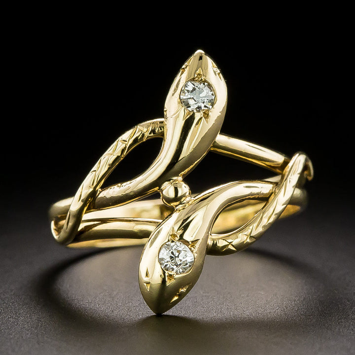 French Antique 18K Double Diamond-Headed Snake Ring