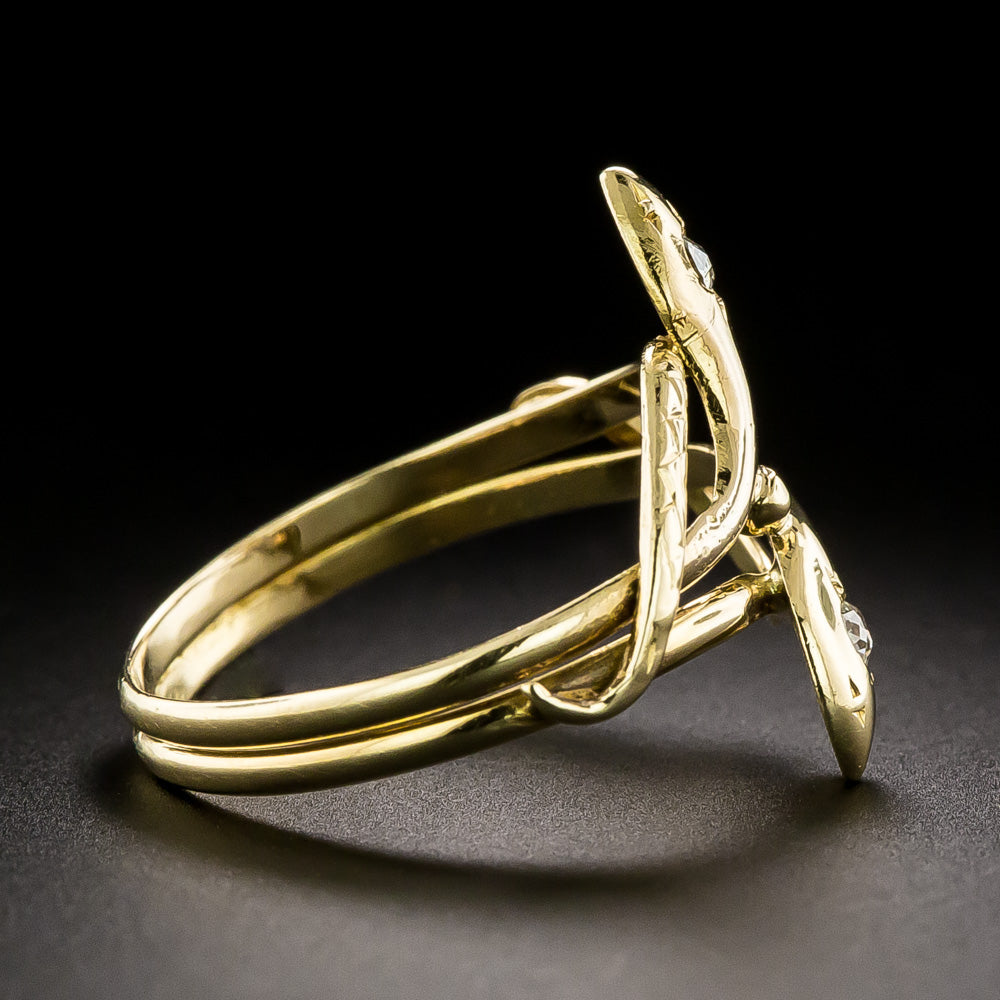 French Antique 18K Double Diamond-Headed Snake Ring - 4