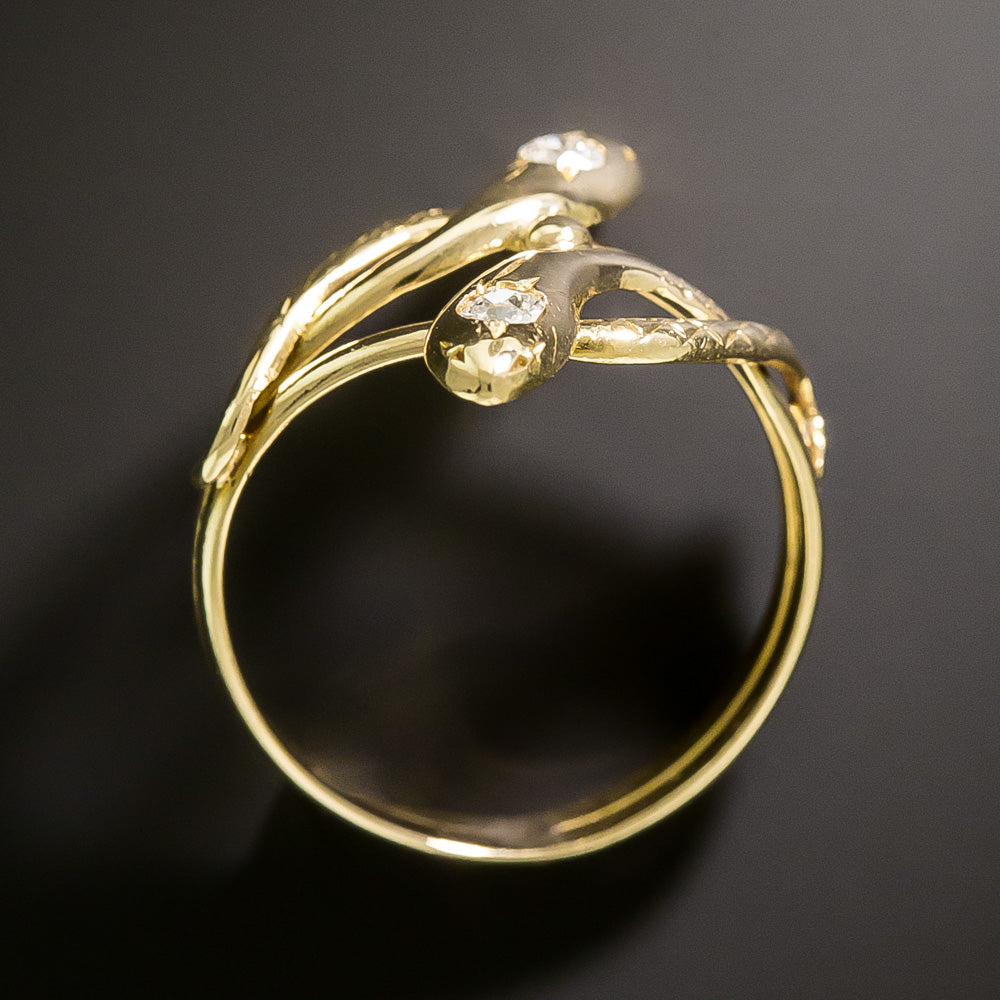French Antique 18K Double Diamond-Headed Snake Ring - 5