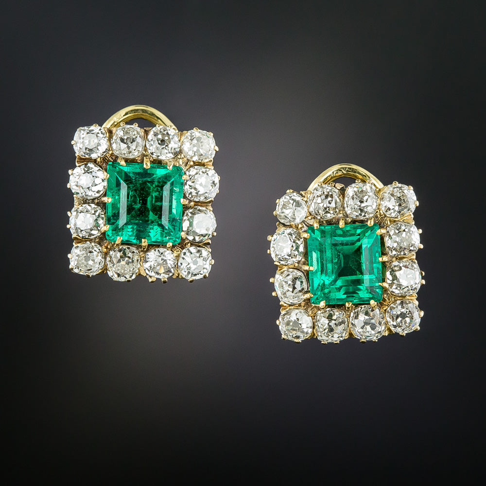 French Antique 3.83 Carat Colombian Emerald and Diamond Earrings - GIA F1 - 1