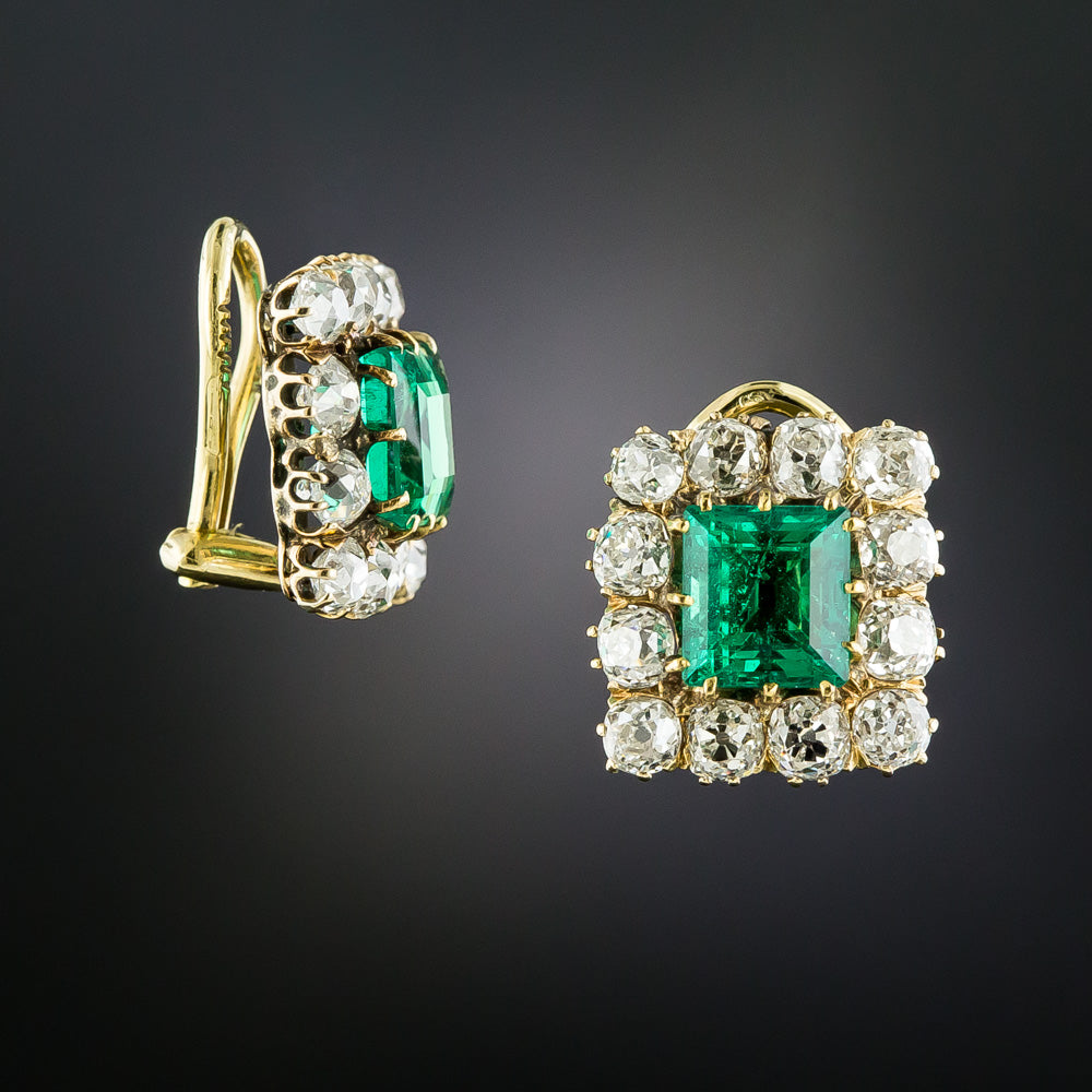 French Antique 3.83 Carat Colombian Emerald and Diamond Earrings - GIA F1 - 3