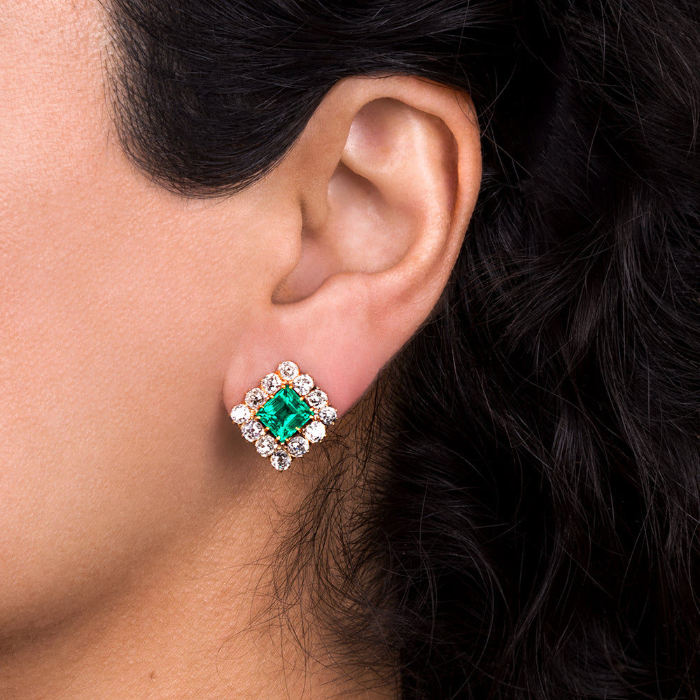 French Antique 3.83 Carat Colombian Emerald and Diamond Earrings - GIA F1 - 5