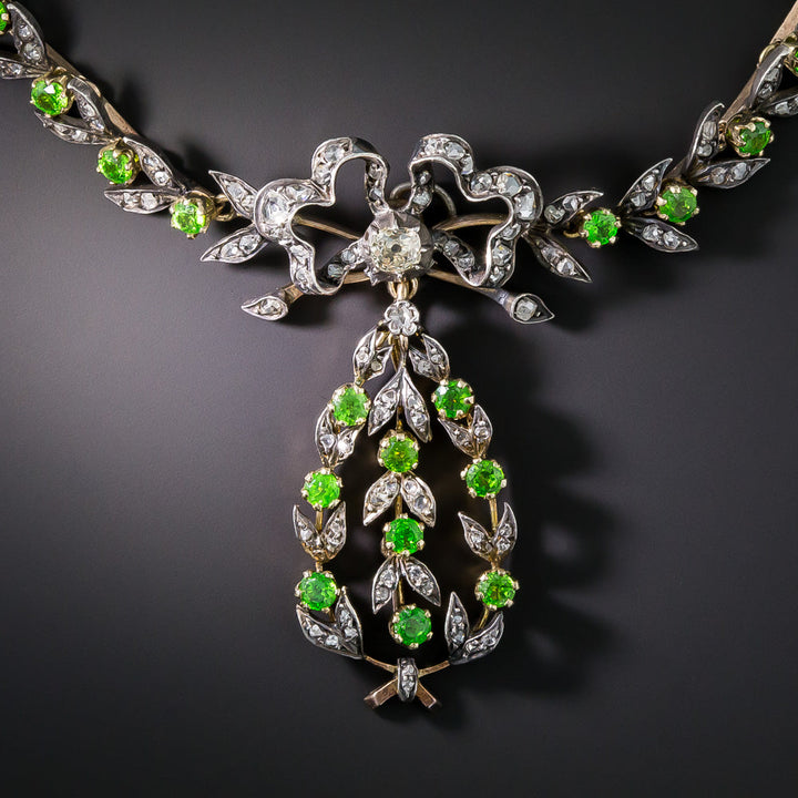 French Antique Demantoid Garnet and Diamond Necklace