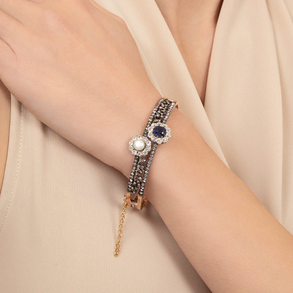 French Antique Diamond, No-Heat Sapphire, and Natural Pearl Bangle Bracelet - 6