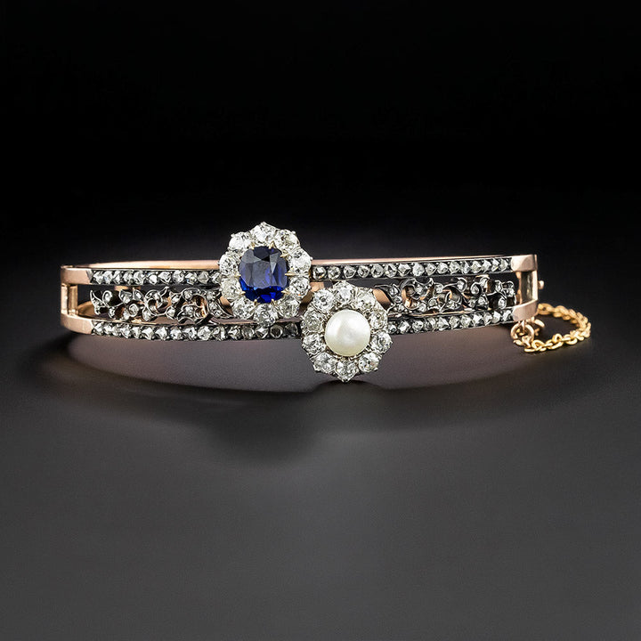 French Antique Diamond, No-Heat Sapphire, and Natural Pearl Bangle Bracelet