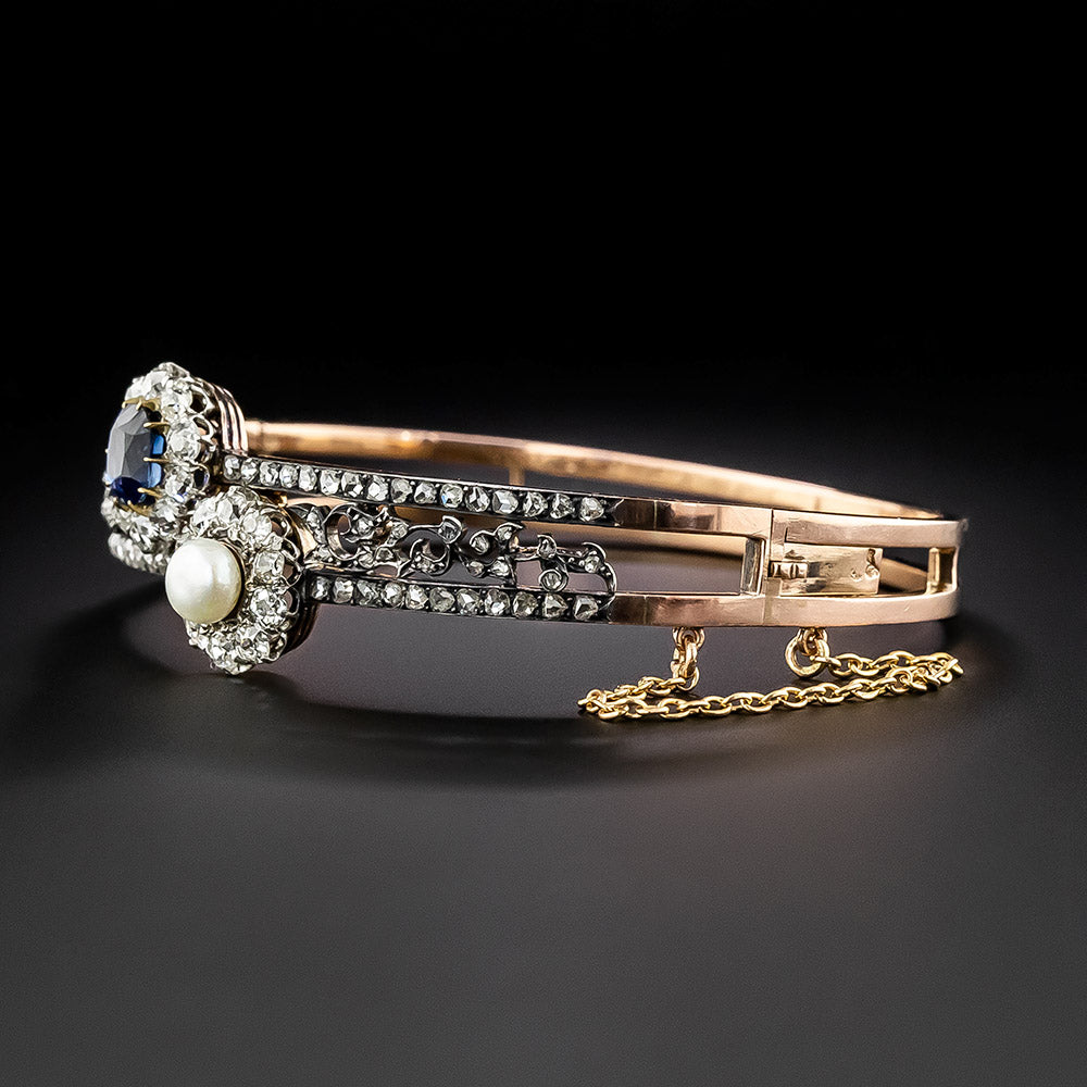 French Antique Diamond, No-Heat Sapphire, and Natural Pearl Bangle Bracelet - 3