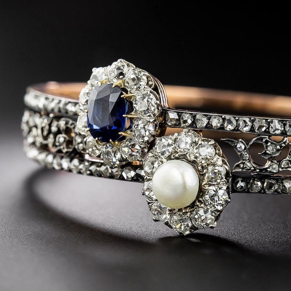 French Antique Diamond, No-Heat Sapphire, and Natural Pearl Bangle Bracelet - 4