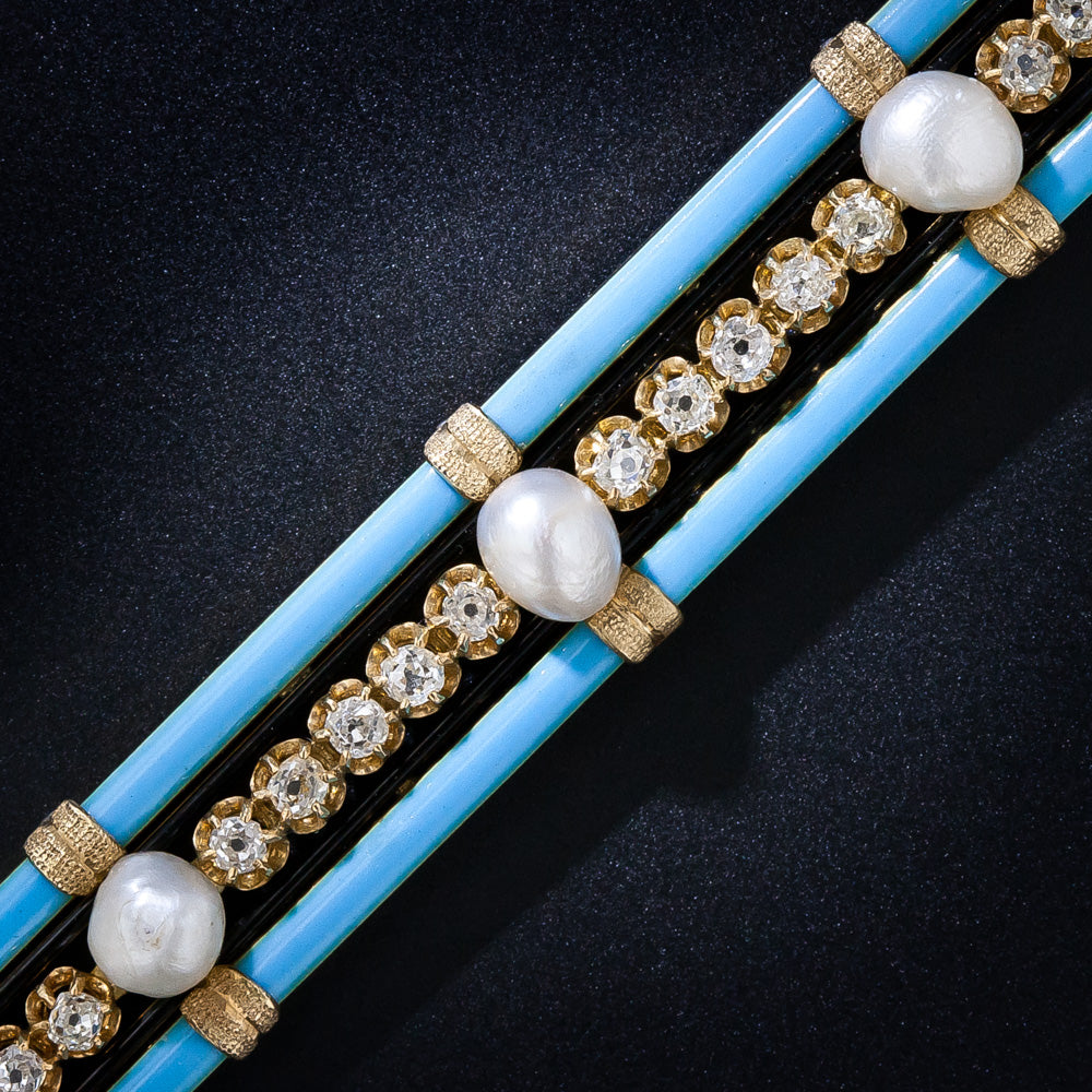 French Antique Diamond, Pearl, and Turquoise Enamel Bracelet - 6