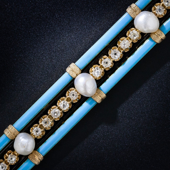 French Antique Diamond, Pearl, and Turquoise Enamel Bracelet