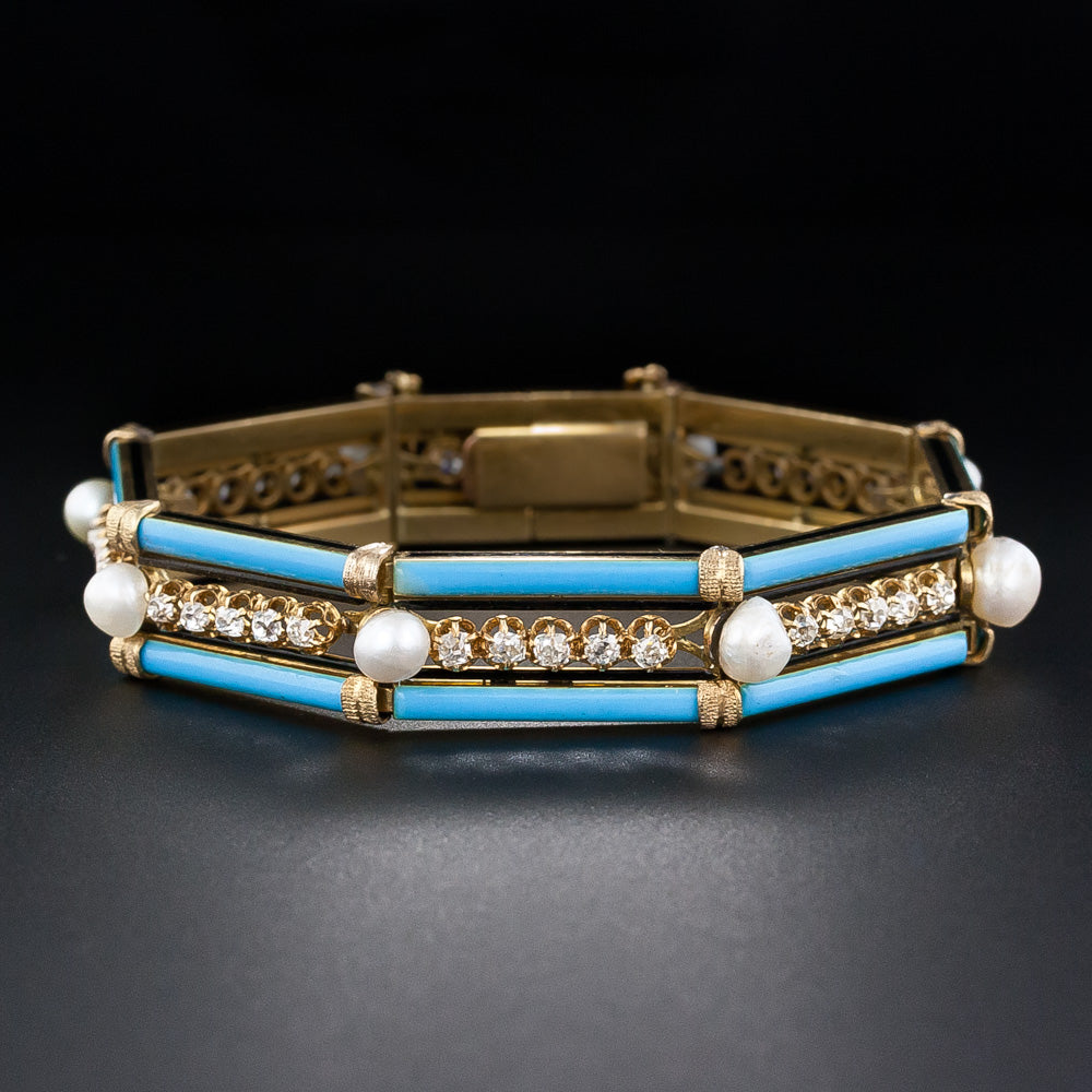 French Antique Diamond, Pearl, and Turquoise Enamel Bracelet - 7