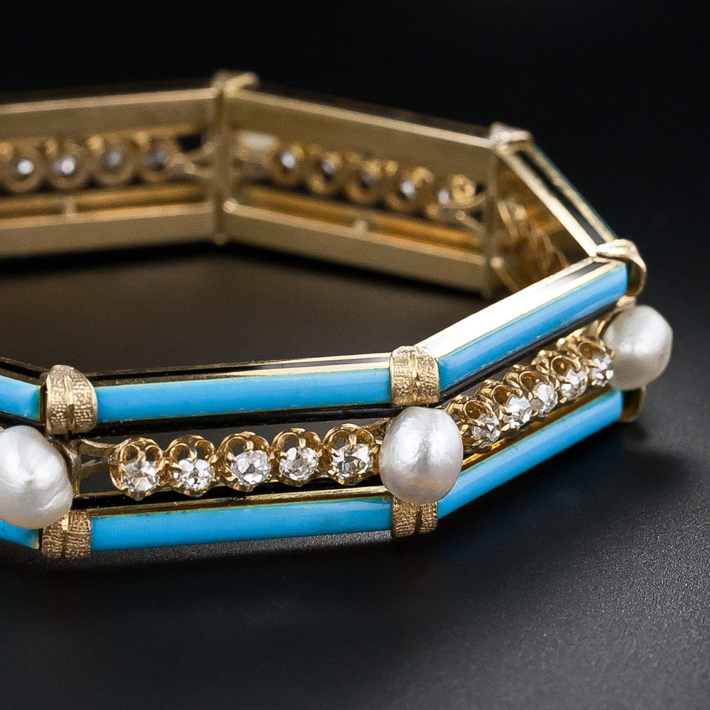 French Antique Diamond, Pearl, and Turquoise Enamel Bracelet - 8