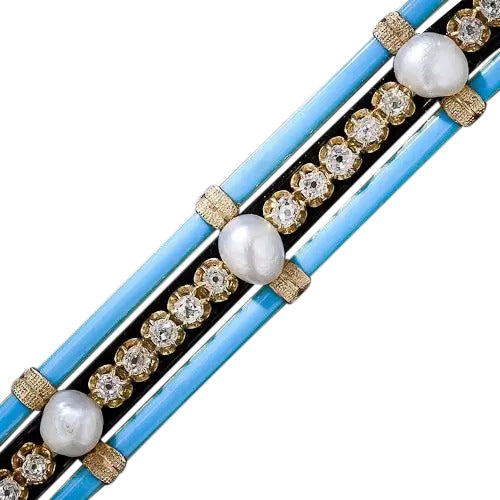 French Antique Diamond, Pearl, and Turquoise Enamel Bracelet - 5