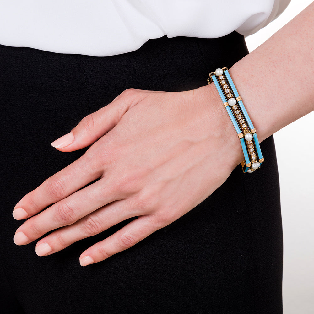 French Antique Diamond, Pearl, and Turquoise Enamel Bracelet - 6