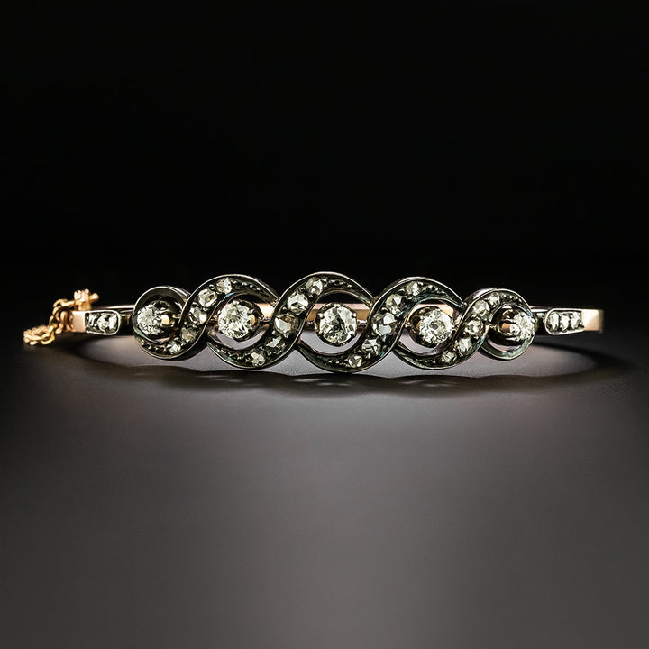 French Antique Diamond Scroll Bangle Bracelet