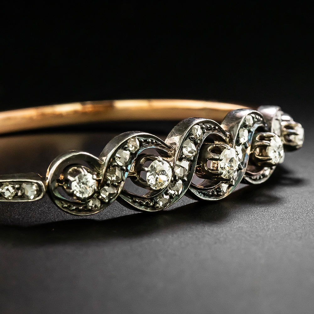 French Antique Diamond Scroll Bangle Bracelet - 5