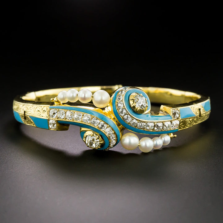 French Antique Diamond, Turquoise Enamel and Pearl Bangle