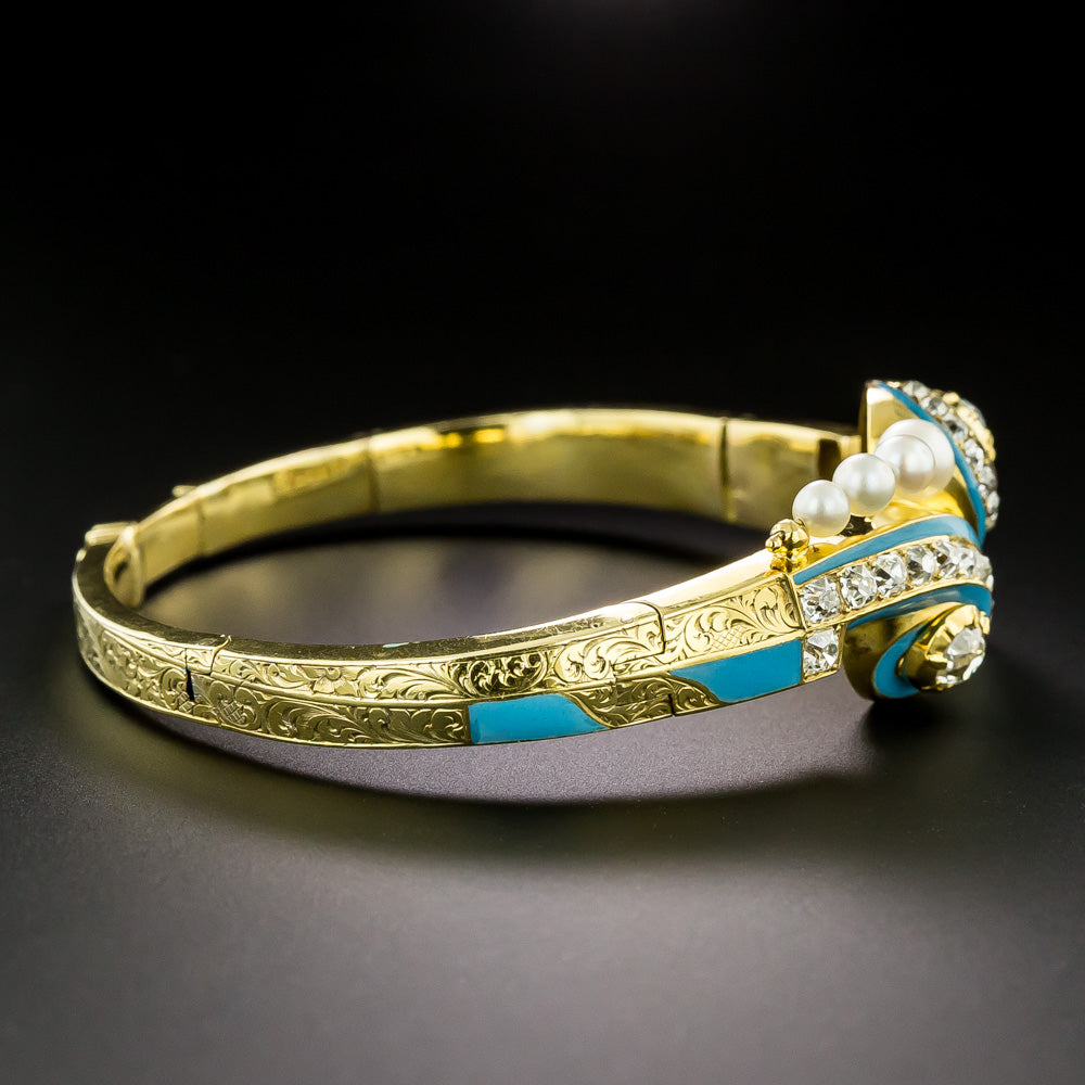 French Antique Diamond, Turquoise Enamel and Pearl Bangle  - 3