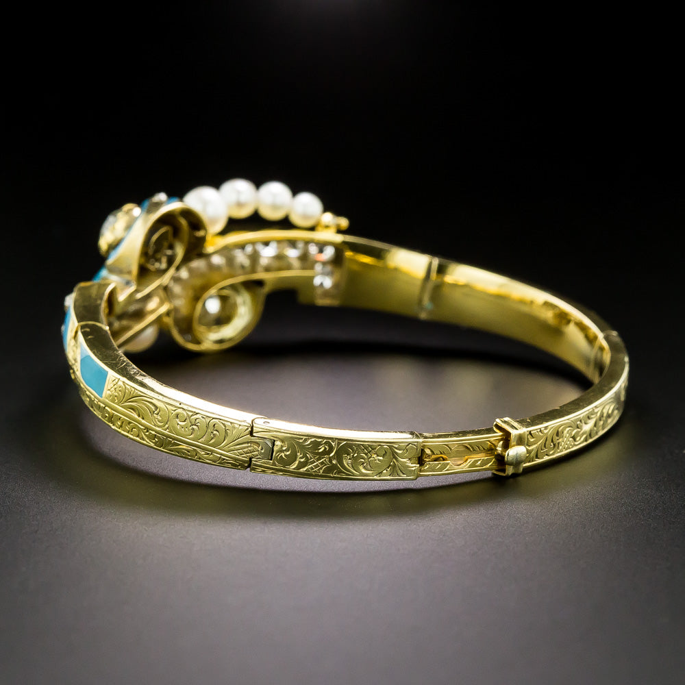 French Antique Diamond, Turquoise Enamel and Pearl Bangle  - 4