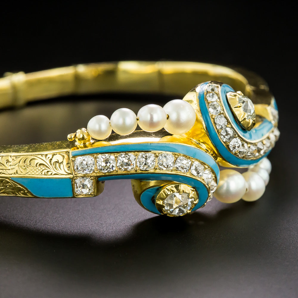 French Antique Diamond, Turquoise Enamel and Pearl Bangle  - 5