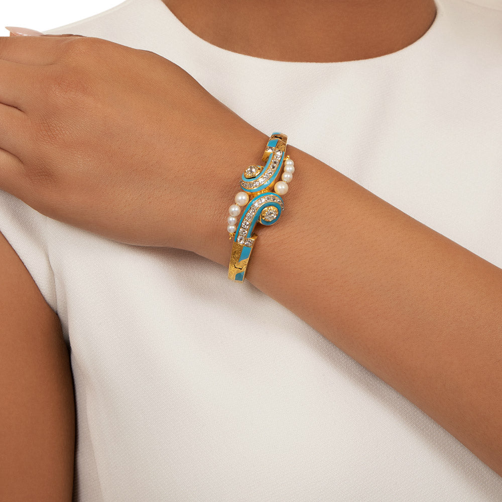 French Antique Diamond, Turquoise Enamel and Pearl Bangle  - 6
