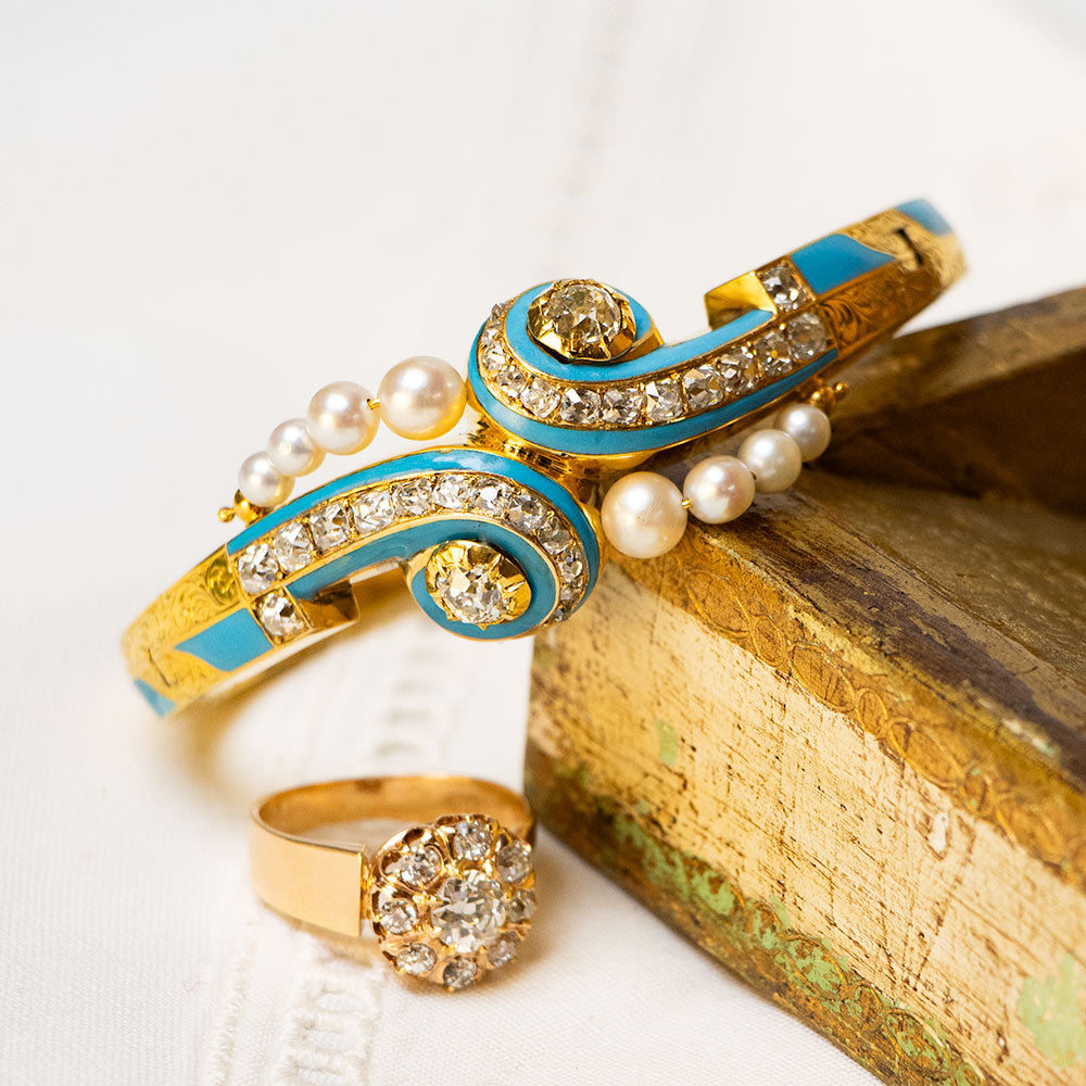 French Antique Diamond, Turquoise Enamel and Pearl Bangle  - 7