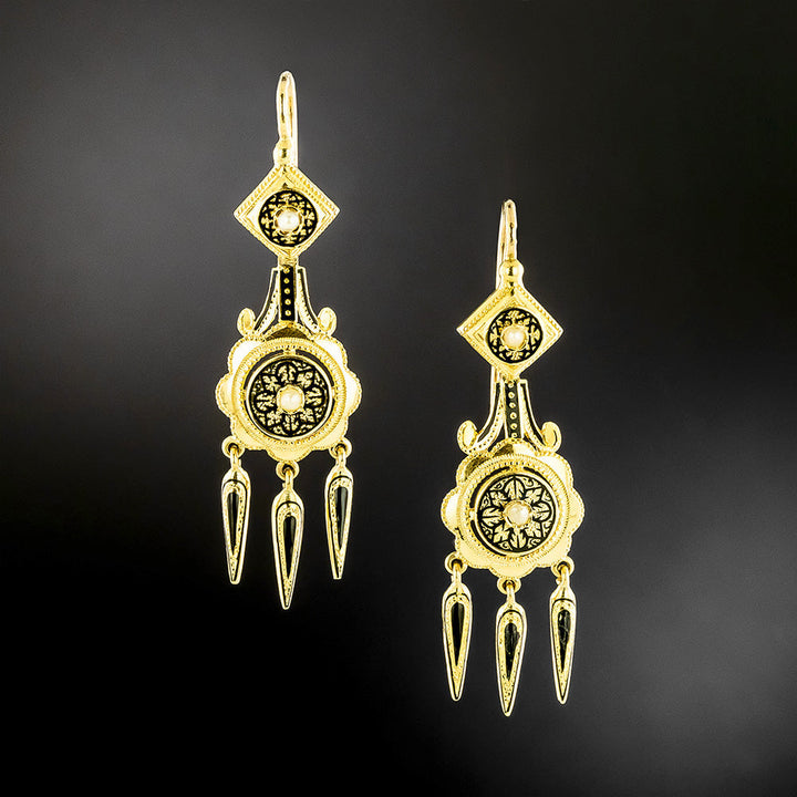 French Antique Enamel and Pearl 18K Dangle Earrings