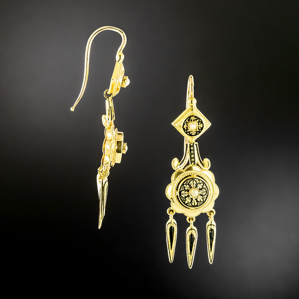 French Antique Enamel and Pearl 18K Dangle Earrings - 5