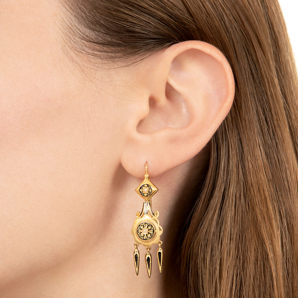 French Antique Enamel and Pearl 18K Dangle Earrings - 6