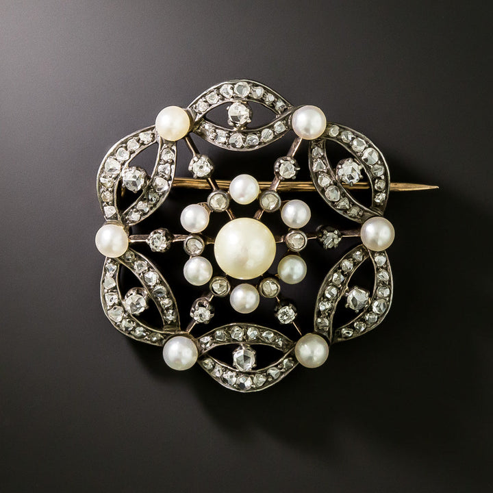 French Antique Natural Pearl and Diamond Circlet Brooch