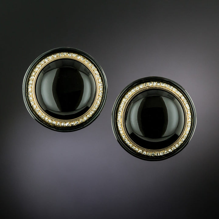 French Antique Onyx, Diamond and Enamel Button Clip Earrings