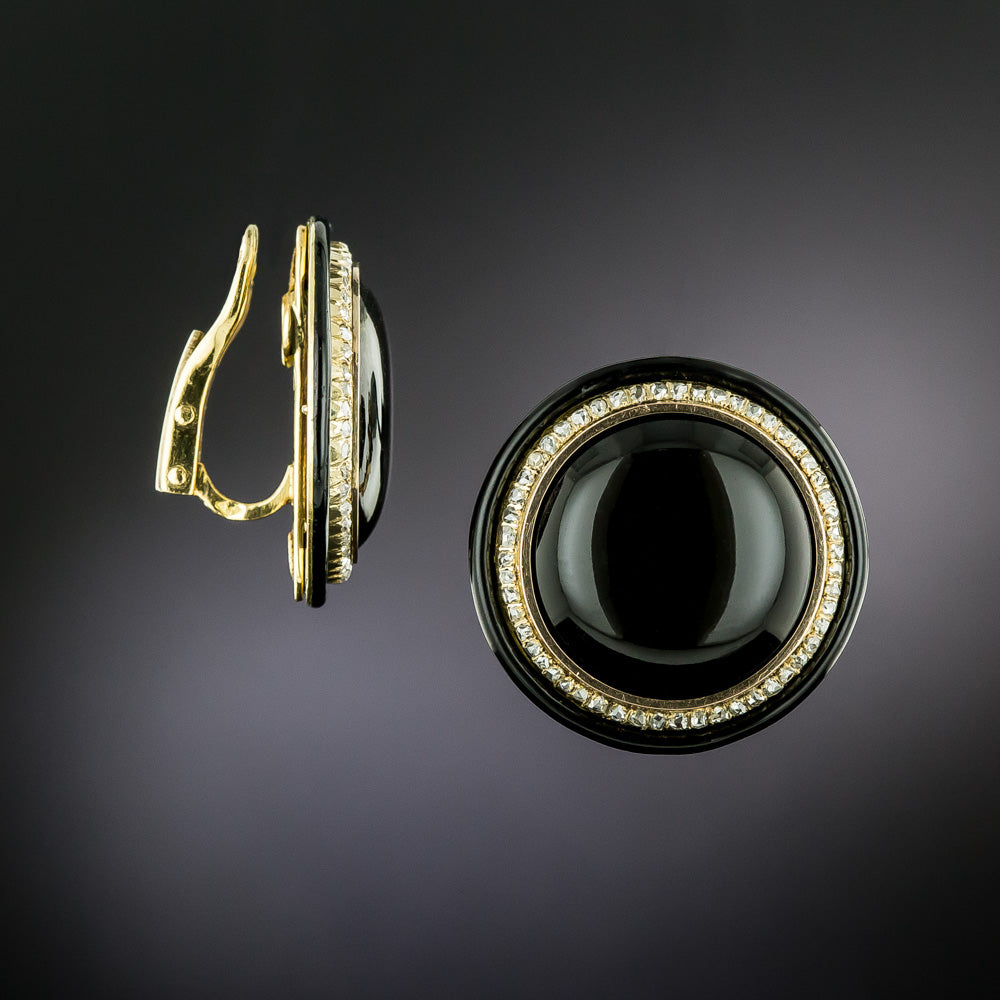 French Antique Onyx, Diamond and Enamel Button Clip Earrings - 3