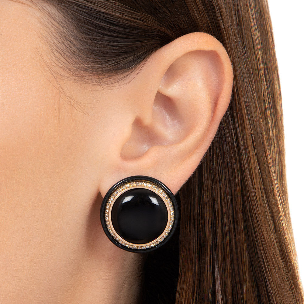 French Antique Onyx, Diamond and Enamel Button Clip Earrings - 4