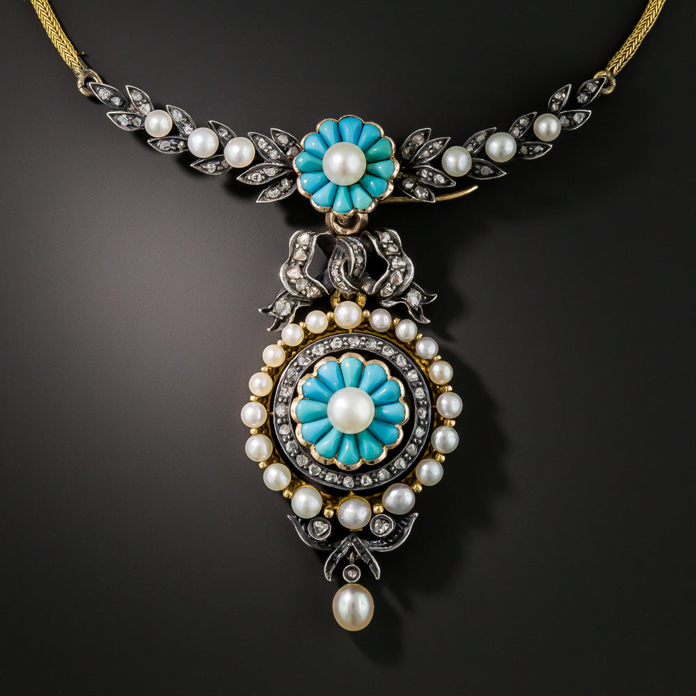 French Antique Turquoise, Natural Pearl and Diamond Necklace - 1